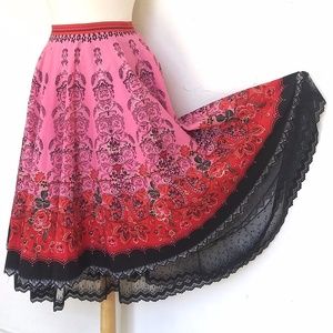 Anna Sui Ombré Skirt Festive Pink Red Black Midi Black Lace Cotton